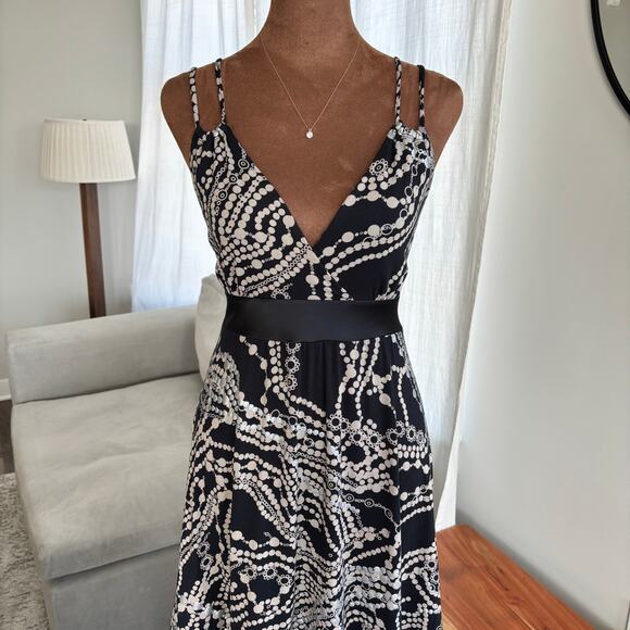 Vintage 2000s Express Black Silver Pattern Midi Dress Satin Waistband Size S - Picture 2 of 9